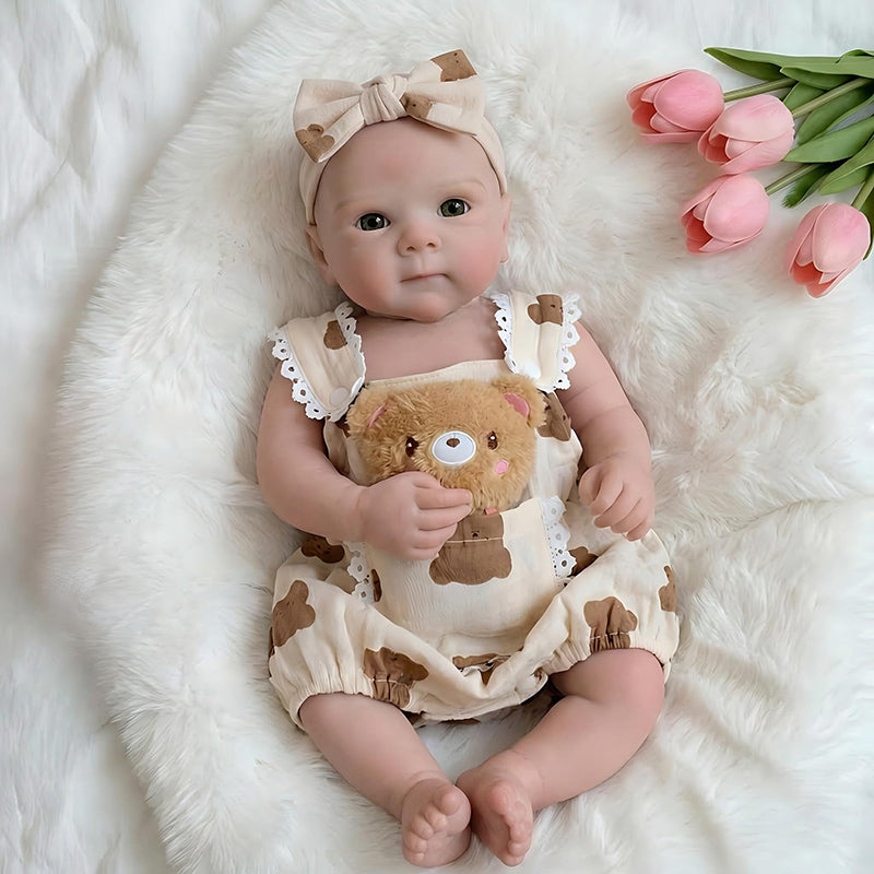 45 cm Bettie Reborn Puppe aus Vollsilikon Mädchen im Kleiner Bär Outfit