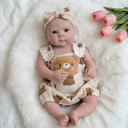 45 cm Bettie Reborn Puppe aus Vollsilikon Mädchen im Kleiner Bär Outfit
