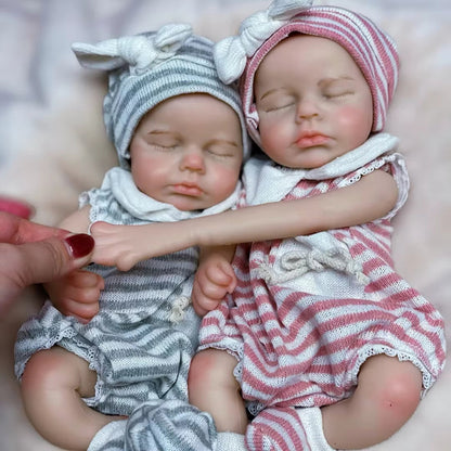 30cm lebensechte Reborn-Zwillinge Loulou (Mädchen) aus Silikon mit geschlossenen Augen und gestreifter Kleidung