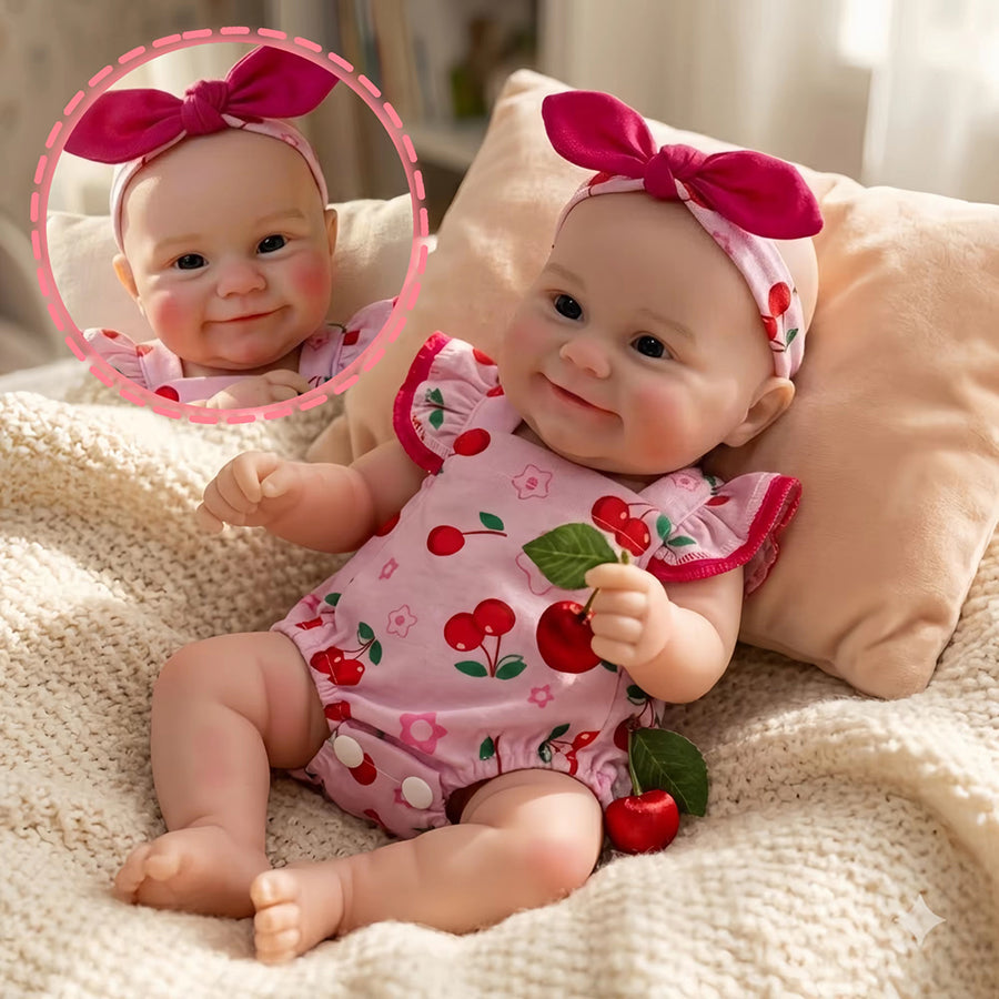 30cm Maddie Smile Reborn Babypuppe aus Vollsilikon im rosa Kirsch-Outfit