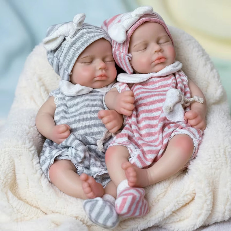 30cm lebensechte Reborn-Zwillinge Loulou (Mädchen) aus Silikon mit geschlossenen Augen und gestreifter Kleidung