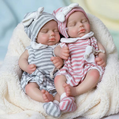 30cm lebensechte Reborn-Zwillinge Loulou (Mädchen) aus Silikon mit geschlossenen Augen und gestreifter Kleidung