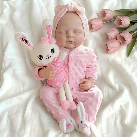 45 cm lebensechte Peaches Reborn Puppe aus Vollsilikon in rosa Outfits