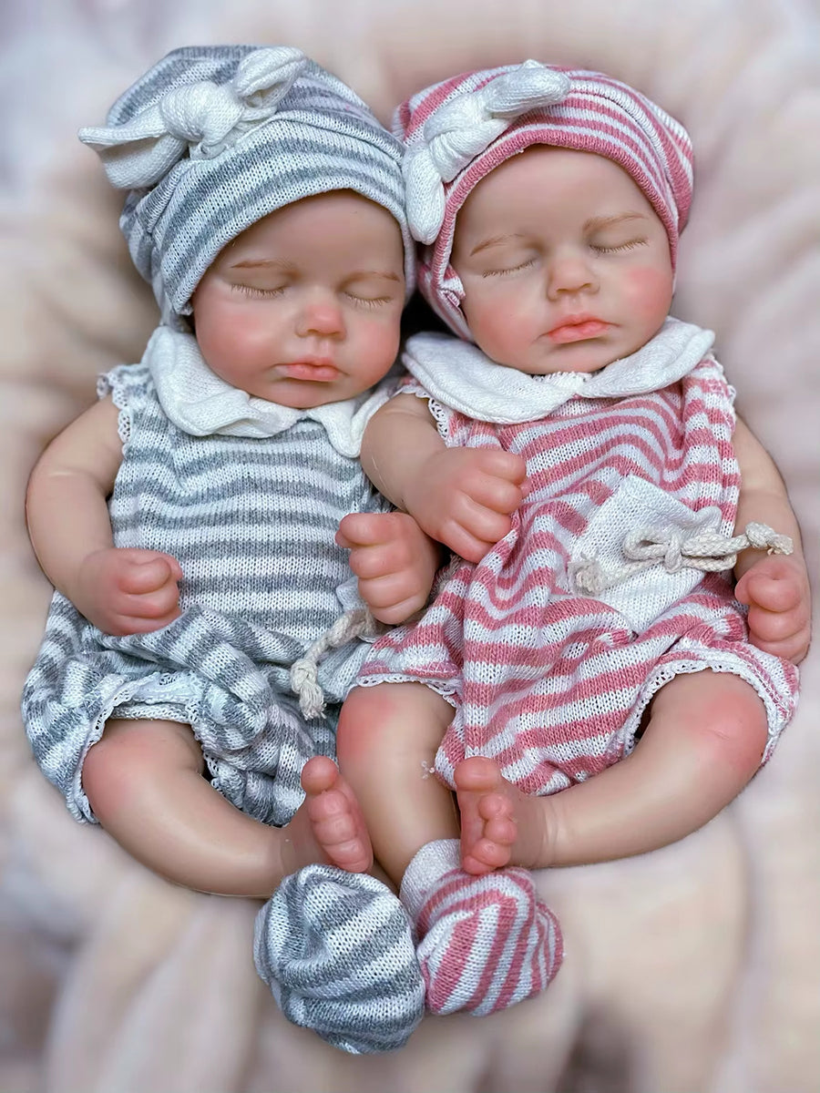 30cm lebensechte Reborn-Zwillinge Loulou (Mädchen) aus Silikon mit geschlossenen Augen und gestreifter Kleidung