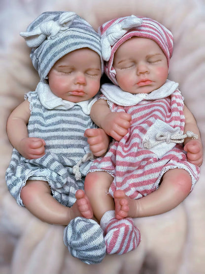 30cm lebensechte Reborn-Zwillinge Loulou (Mädchen) aus Silikon mit geschlossenen Augen und gestreifter Kleidung