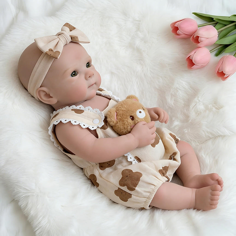 45 cm Bettie Reborn Puppe aus Vollsilikon Mädchen im Kleiner Bär Outfit