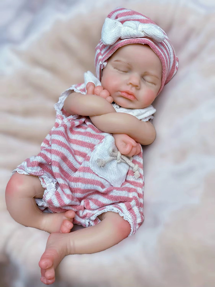 30cm lebensechte Reborn-Zwillinge Loulou (Mädchen) aus Silikon mit geschlossenen Augen und gestreifter Kleidung