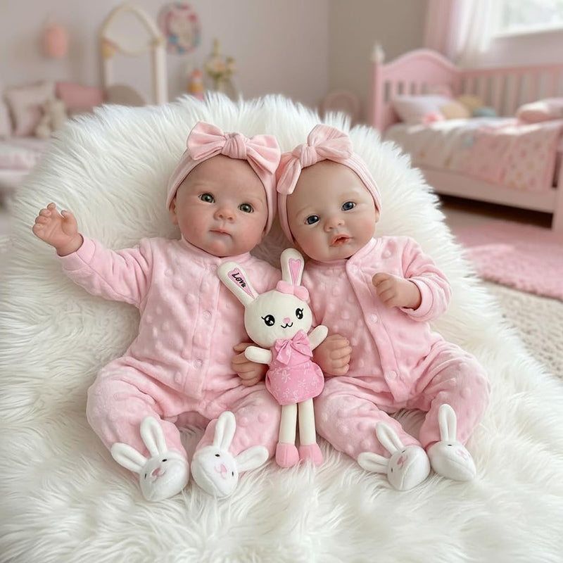 45 cm vollsilikone Reborn Puppe Bettie und Meadow Zwillingsschwestern in rosa Outfits
