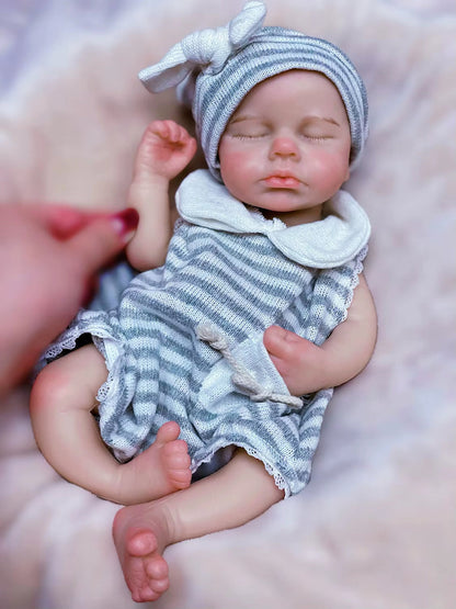 30cm lebensechte Reborn-Zwillinge Loulou (Mädchen) aus Silikon mit geschlossenen Augen und gestreifter Kleidung