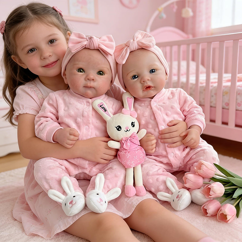 45 cm vollsilikone Reborn Puppe Bettie und Meadow Zwillingsschwestern in rosa Outfits
