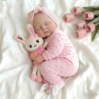 45 cm lebensechte Peaches Reborn Puppe aus Vollsilikon in rosa Outfits