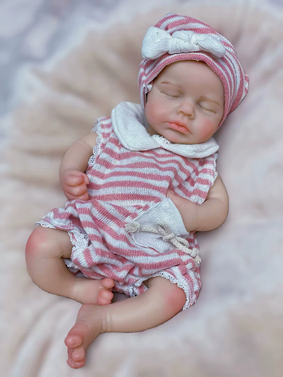 30cm lebensechte Reborn-Zwillinge Loulou (Mädchen) aus Silikon mit geschlossenen Augen und gestreifter Kleidung