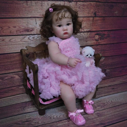 60 cm Reborn-Puppe mit offenen Augen und braunem Haar Charlotte im rosa Kleid