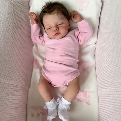 45 cm lebensechte Reborn-Puppe Irys mit weichem Körper geschlossenen Augen und rosa Kleidung