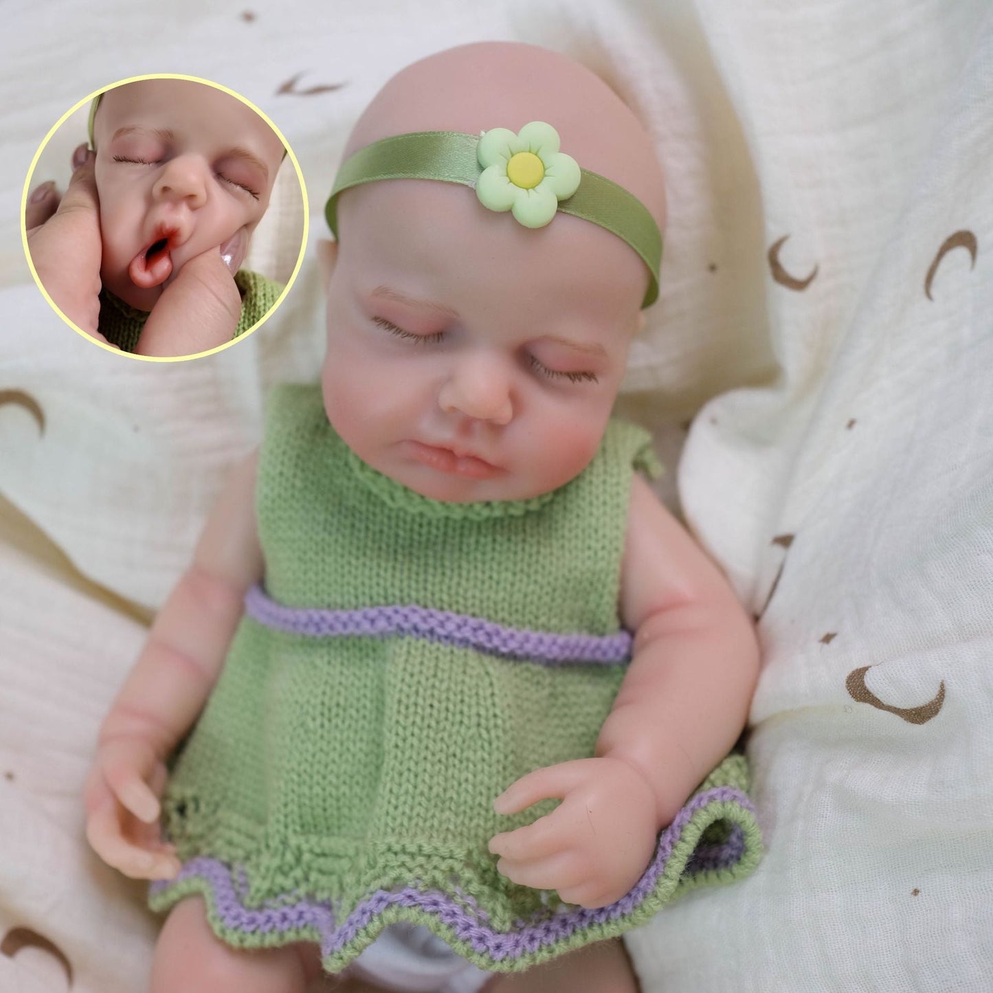 30 cm weiche Vollsilikon-Reborn-Puppe Loulou schlafendes Mädchen im grünen Kleid
