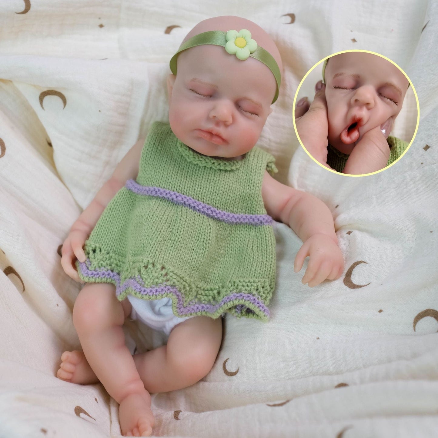 30 cm weiche Vollsilikon-Reborn-Puppe Loulou schlafendes Mädchen im grünen Kleid