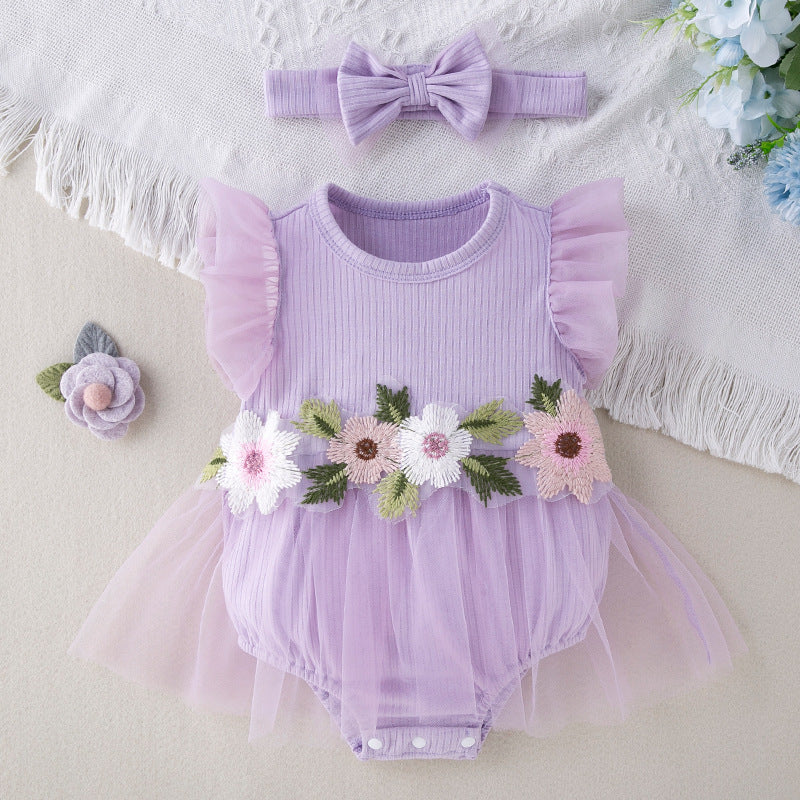 2-teiliges Set aus besticktem Netz-Stramplerkleid und Haarband für Puppen von 45-55cm