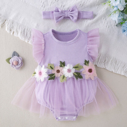 2-teiliges Set aus besticktem Netz-Stramplerkleid und Haarband für Puppen von 45-55cm