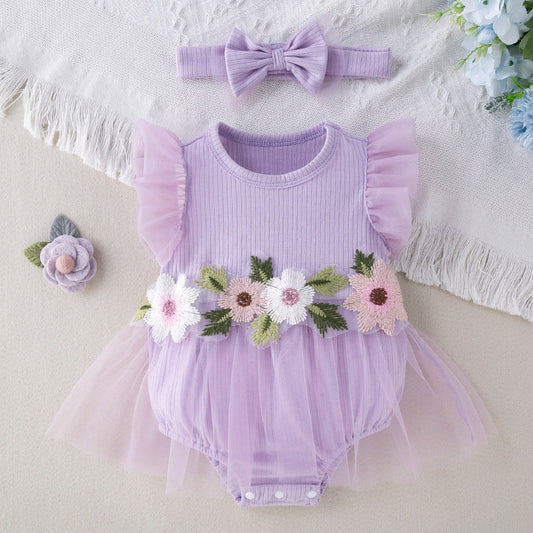 2-teiliges Set aus besticktem Netz-Stramplerkleid und Haarband für Puppen von 45-55cm