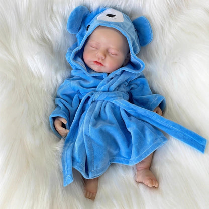 30cm lebensechte Loulou-Reborn-Puppe aus Vollsilikon schlafend und im blauen Bademantel
