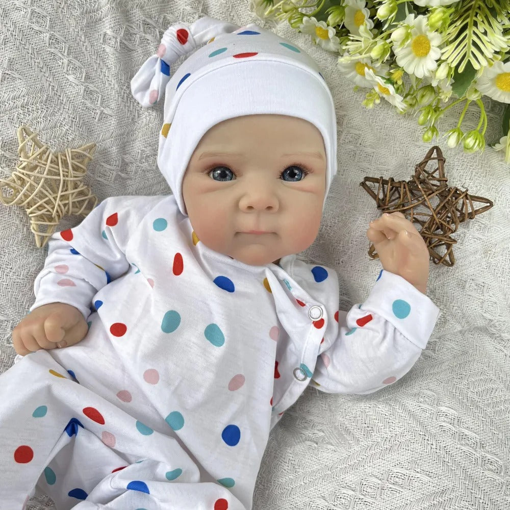 45 cm niedliche Bettie Reborn-Puppe mit offenen Augen Mädchen im gepunkteten Jumpsuit