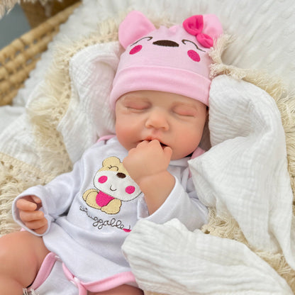 45 cm dehnbare Loulou Reborn Puppe aus Vollsilikon im rosa Bärenoutfit