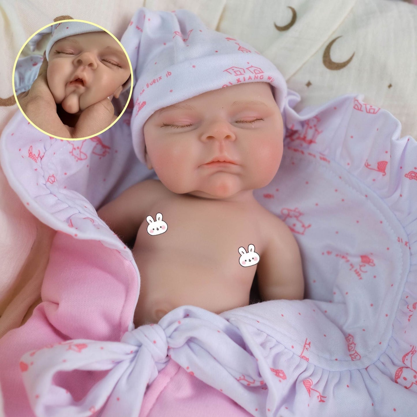 30 cm vollständig aus Silikon gefertigtes pfirsichfarbenes Reborn-Babymädchen mit geschlossenen Augen