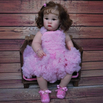60 cm Reborn-Puppe mit offenen Augen und braunem Haar Charlotte im rosa Kleid