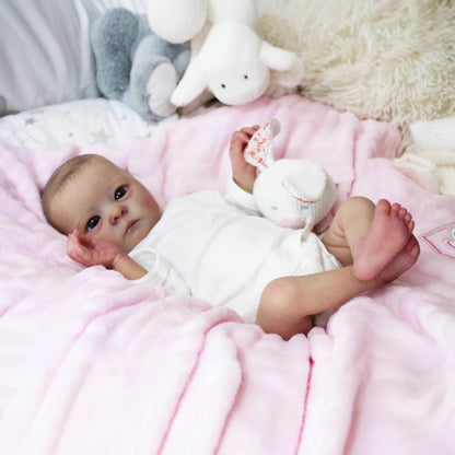 40 cm realistische Reborn-Puppe mit offenen Augen Tink in weißer Kleidung