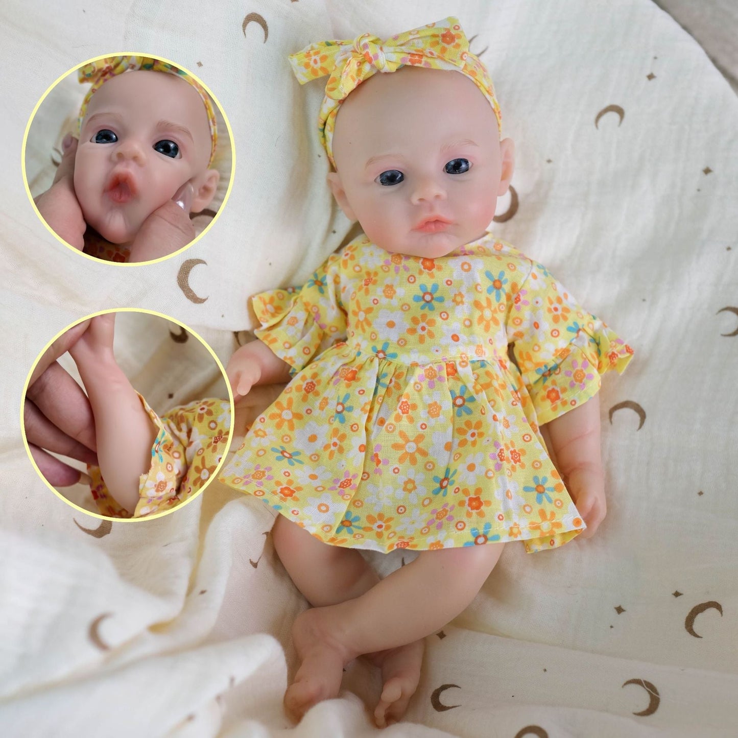 30 cm weiches Silikon Reborn Baby Mädchen mit gelbem Blumenkleid