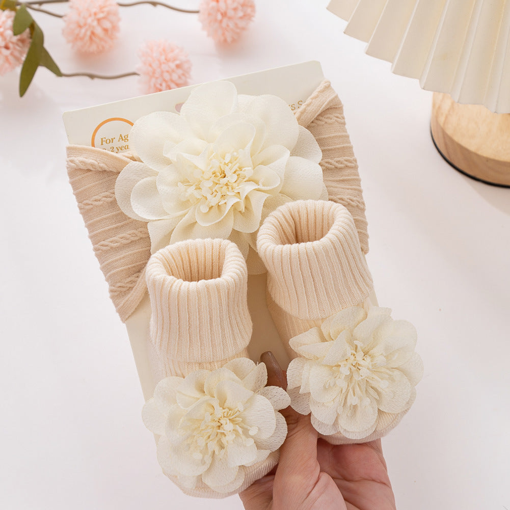 Chiffon-Stirnband mit Blumenmuster und Socken 2-teiliges Set für Puppen von 43-60 cm
