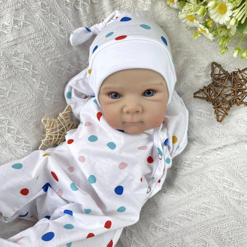 45 cm niedliche Bettie Reborn-Puppe mit offenen Augen Mädchen im gepunkteten Jumpsuit