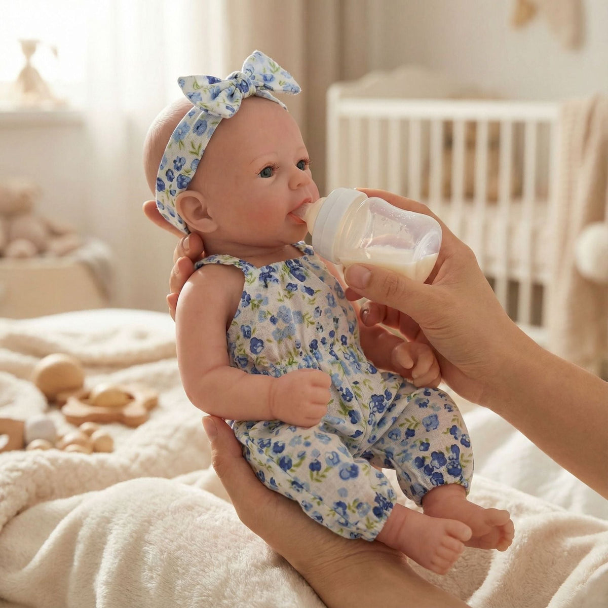 30cm vollständig aus Silikon gefertigte Felicia Reborn-Babypuppe im blauen Blumen-Jumpsuit