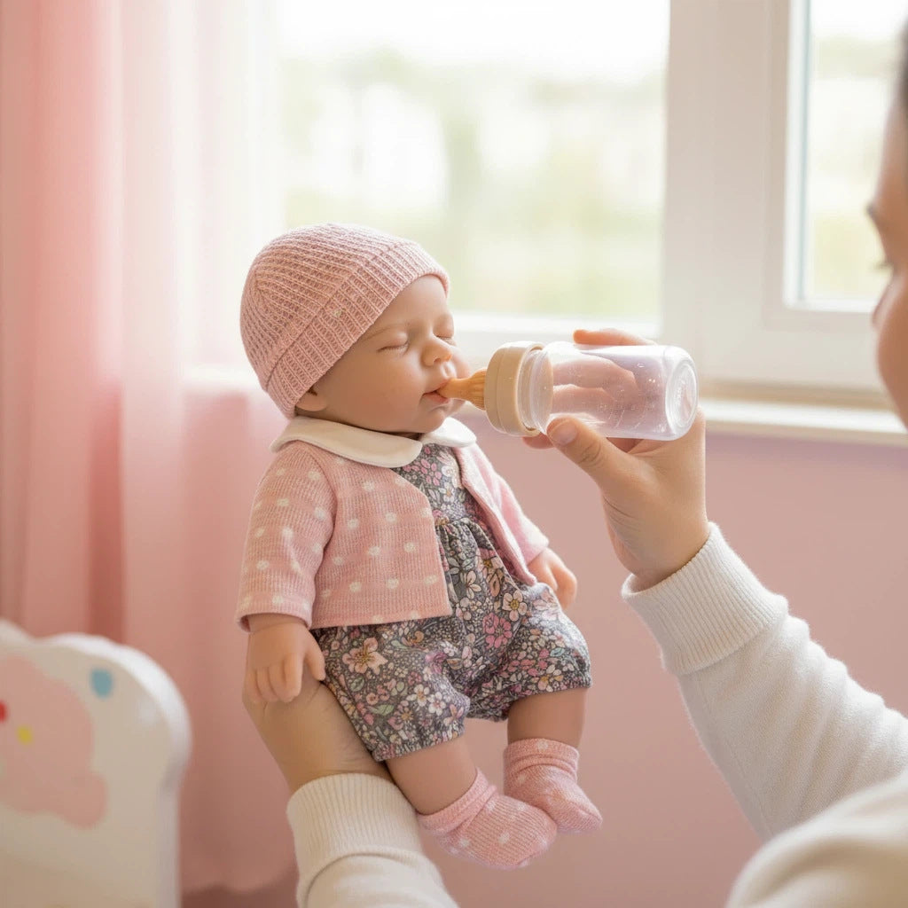 30cm Pascale Reborn Puppe aus Vollsilikon mit zu öffnendem Mund und rosa Kleidung