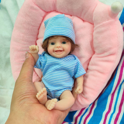 15 cm Mini-Reborn-Puppe aus Vollsilikon mit offenen Augen in blauer Kleidung