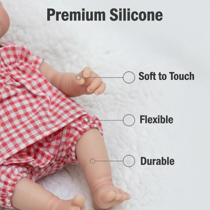 30cm Silikon Reborn Babypuppe Pascale mit zu öffnendem Mund Mädchen in rot-karierter Kleidung