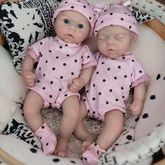 33 cm Silikon-Reborn-Zwillingsschwestern in rosa Kleidung