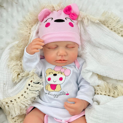 45 cm dehnbare Loulou Reborn Puppe aus Vollsilikon im rosa Bärenoutfit