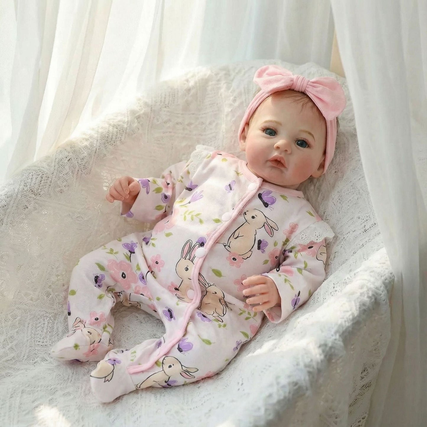 48 cm Reborn Babypuppen mit blauen Augen Modell Meadow Strampler mit Blumenmuster