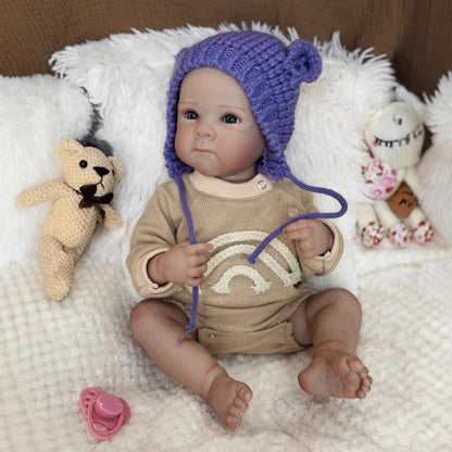 50cm Kelly Blaue Augen Reborn Babypuppe Mädchen in lila Hut-Bettie