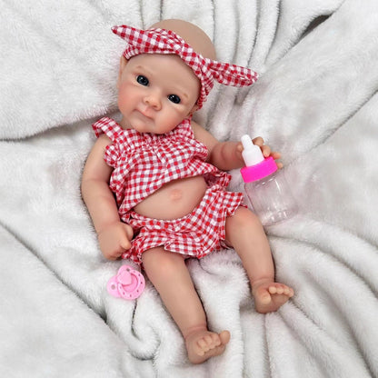 30cm weiche Silikon-Reborn-Puppe mit blauen Augen und rot-karierter Kleidung - Bettie