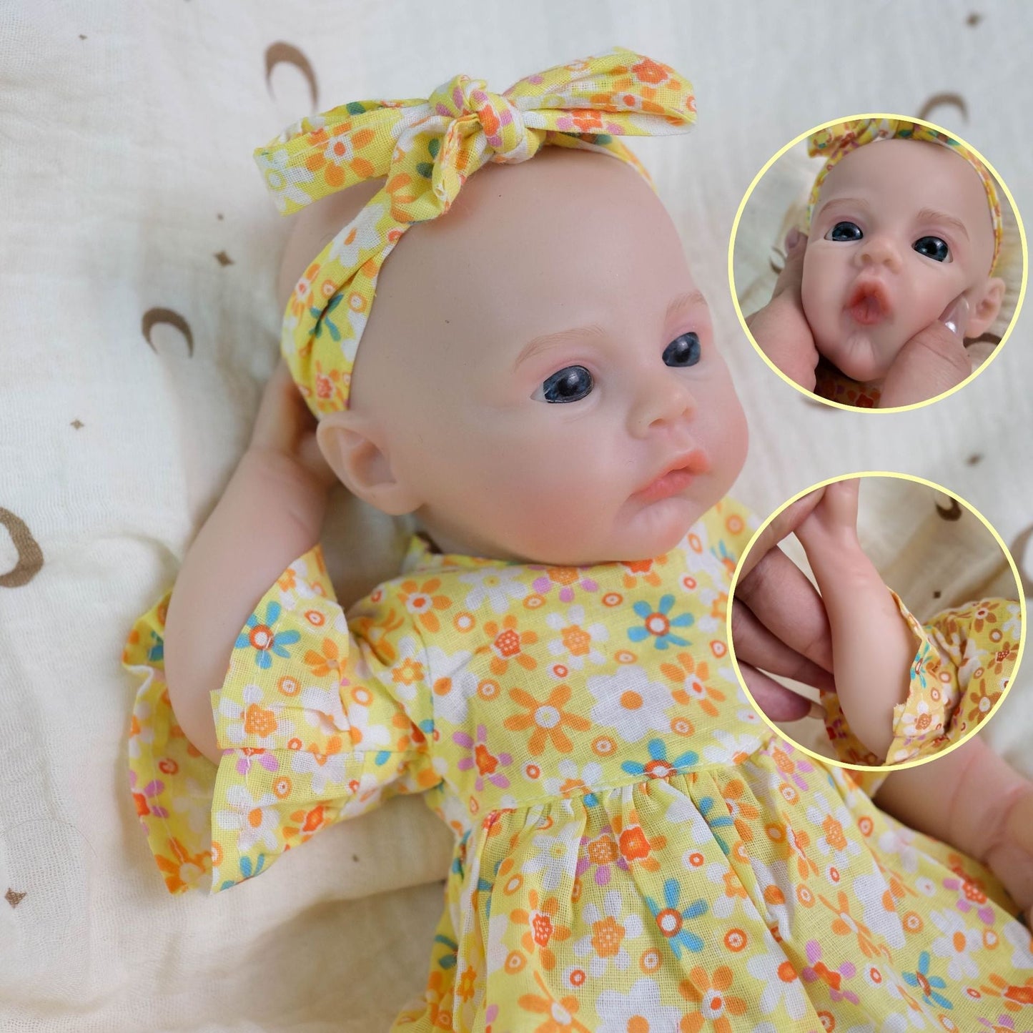 30 cm weiches Silikon Reborn Baby Mädchen mit gelbem Blumenkleid