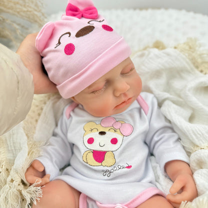 45 cm dehnbare Loulou Reborn Puppe aus Vollsilikon im rosa Bärenoutfit