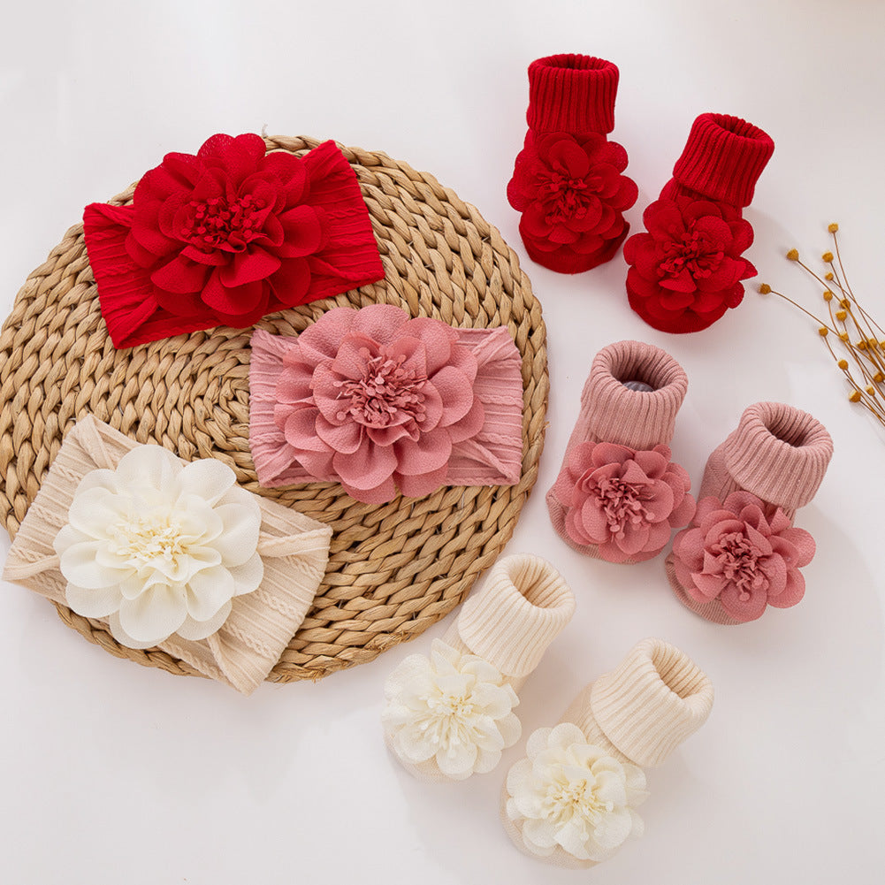 Chiffon-Stirnband mit Blumenmuster und Socken 2-teiliges Set für Puppen von 43-60 cm