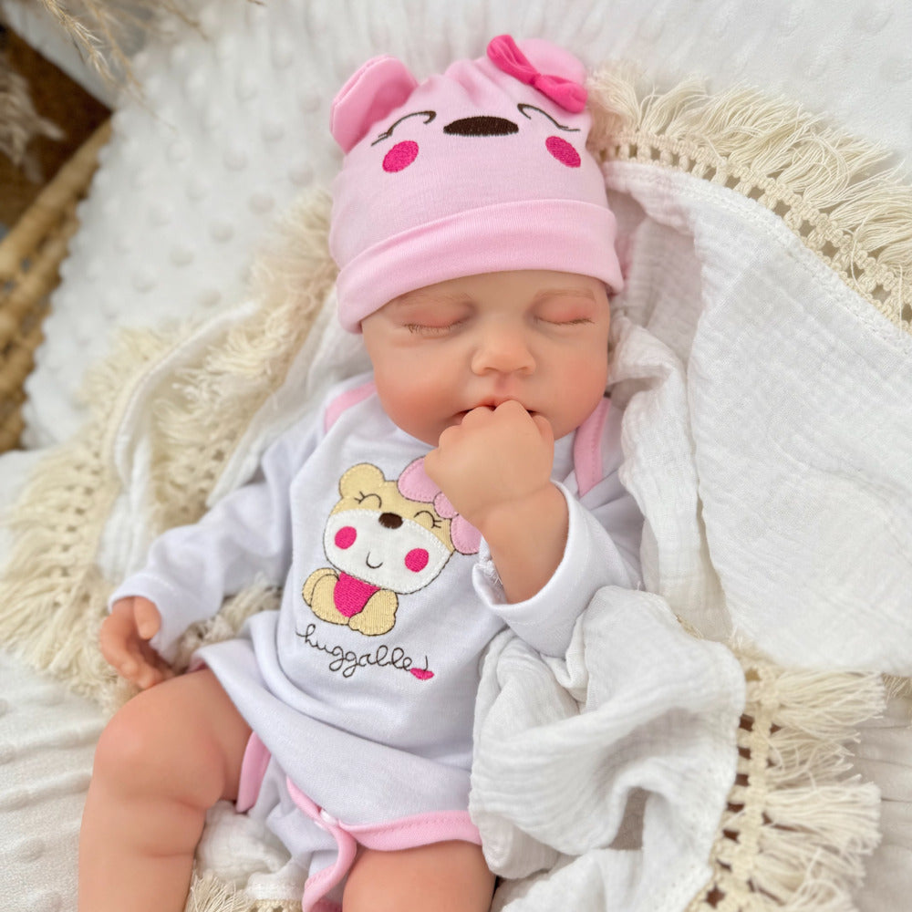 45 cm dehnbare Loulou Reborn Puppe aus Vollsilikon im rosa Bärenoutfit