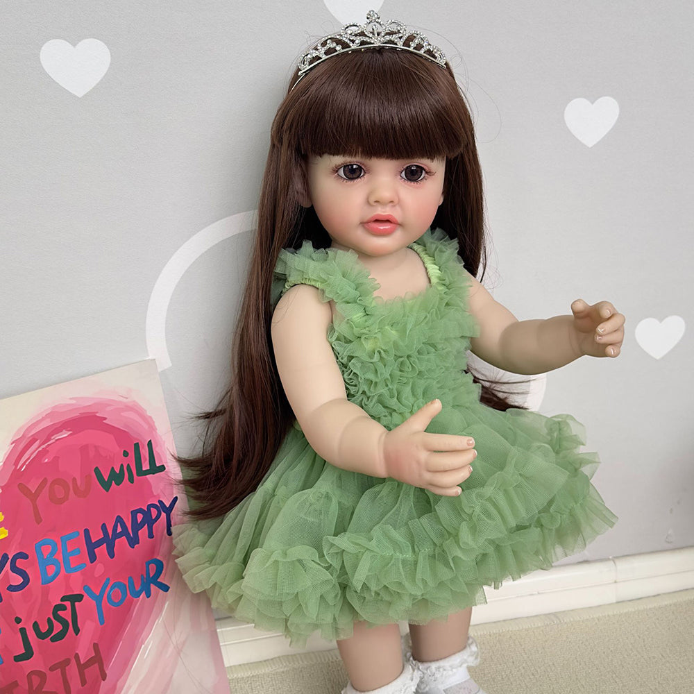 22 Zoll Mamie Reborn Puppen Mädchen mit langen braunen Haaren