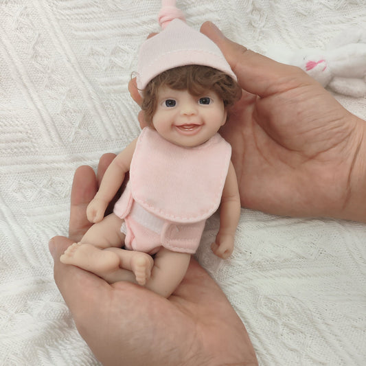 15 cm Mini-Reborn-Puppe aus Vollsilikon mit offenen Augen in rosa Kleidung