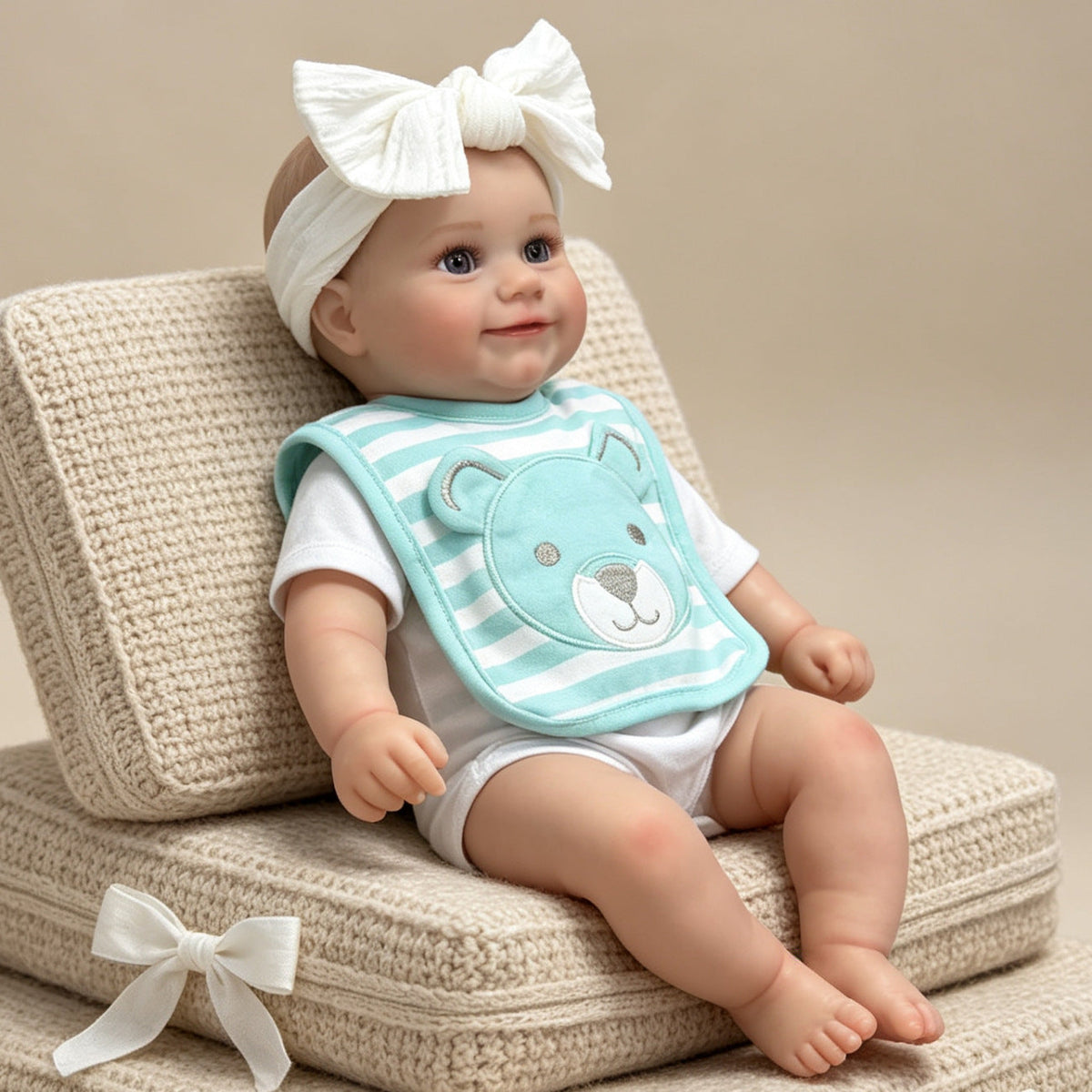 50cm Maddie Reborn Babypuppe mit offenen Augen und blau-gestreiftem Lätzchen