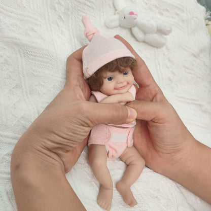 15 cm Mini-Reborn-Puppe aus Vollsilikon mit offenen Augen in rosa Kleidung