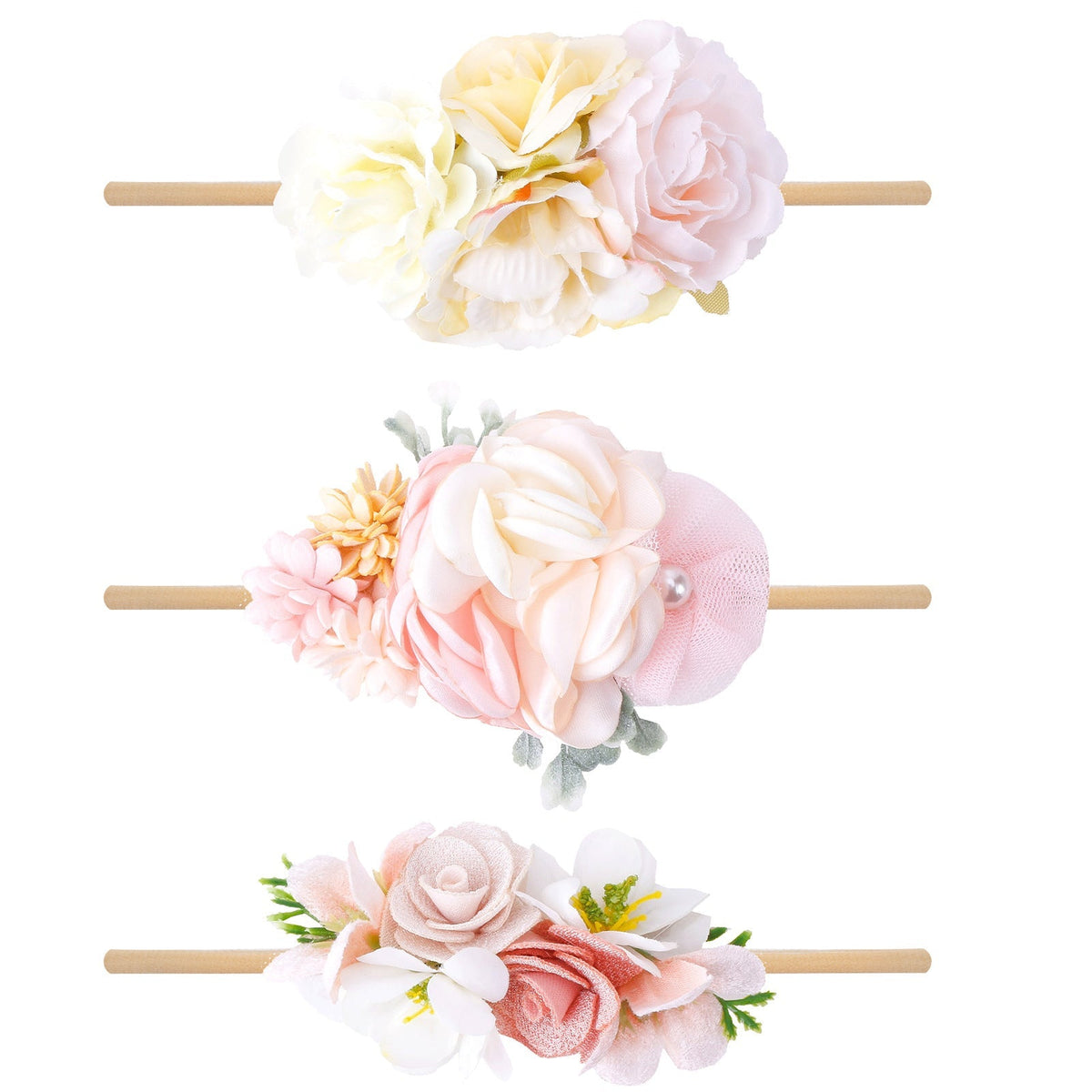 Elastisches Blumen-Baby-Stirnband im frischen Hirtenstil 3-teiliges Set